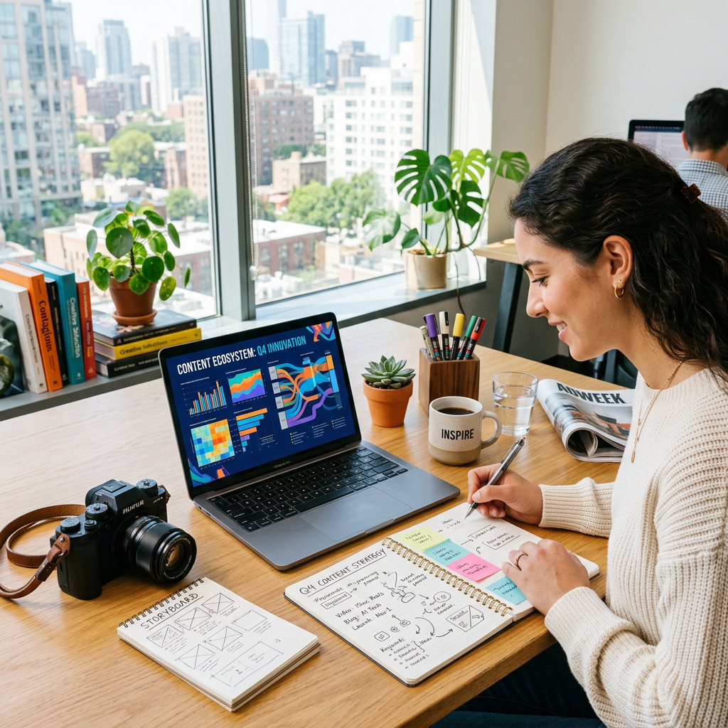 Woman planning Q4 content strategy beside laptop labeled Content Ecosystem: Q4 Innovation