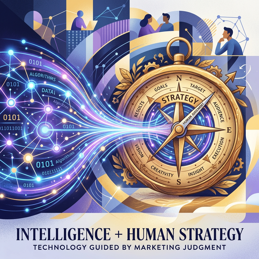 Illustration with data networks, algorithms, people, and compass labeled STRATEGY, GOALS, TARGET, AUDIENCE, EXECUTION, INSIGHT, CREATIVITY, VISION, RESULTS, and HUMAN JUDGMENT; text reads INTELLIGENCE + HUMAN STRATEGY and TECHNOLOGY GUIDED BY MARKETING JUDGMENT.